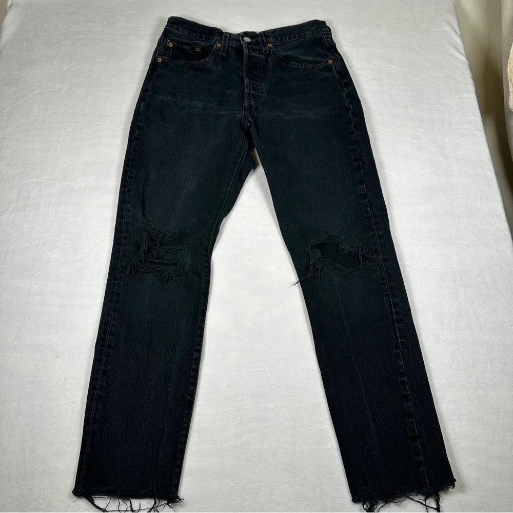 Levi’s black Distressed 501 S Skinny holes cut off‎ frayed Jeans cotton